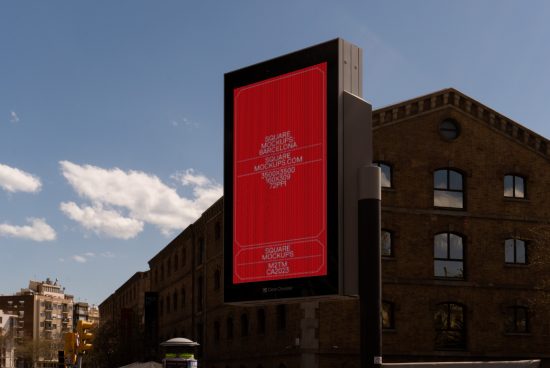 Outdoor mockup of a digital billboard displaying a red-themed advertisement, with clear blue sky in the background.